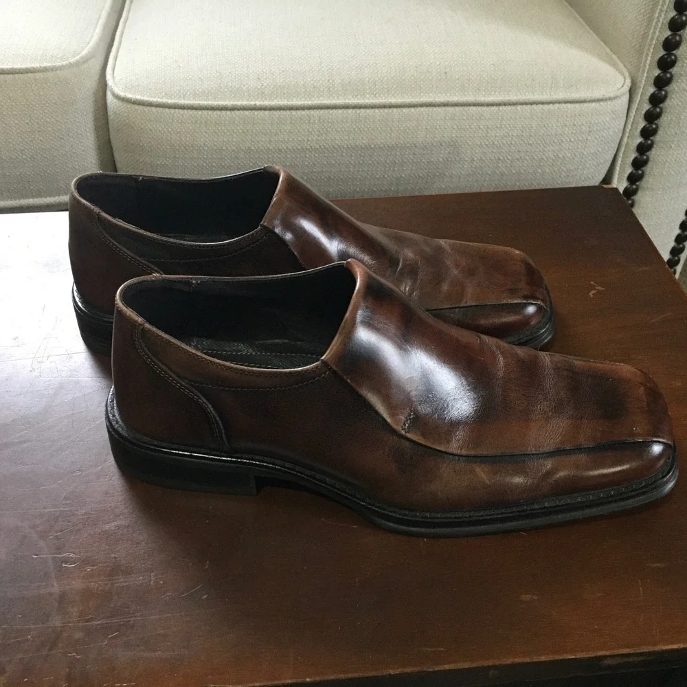 Stephan Bossi Mens Sz 10 Brown Leather Square Toe Slip On Loafers Dress Shoes